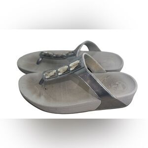 Fitflop Womens Pietra Pewter Leather T-Strap Sandals Rhinestone Thong  Size 7